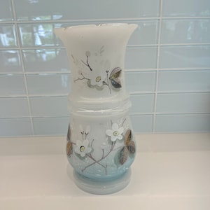 Antique Victorian, Opaline, Milk Glass, Bristol Glass Vase, Hand Painted Enamel Flowers and Leaves with a Blue Washed Bottom. 9.5&quot; H.
