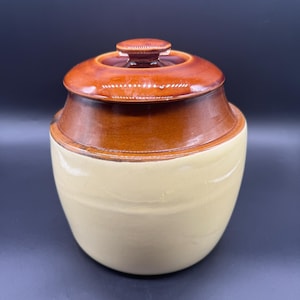 Vintage BP66 USA Crock, Cookie Jar, Bean Pot with Lid in creamy yellow and brown. It can be used as a planter or storage for dry goods.