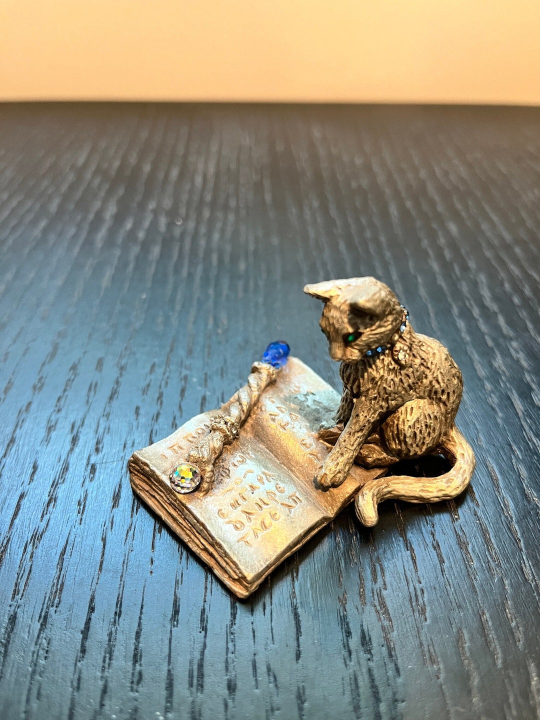 Pewter Cat Figurine on a Book With Wand/staff Marked Denicolo Sunglo