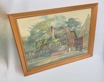 Oryginalna akwarela z 1947 roku – podpisana i datowana – Scena z europejskiej chaty – Oprawione dzieło sztuki vintage – MCM Art – Lukarna – Strzecha