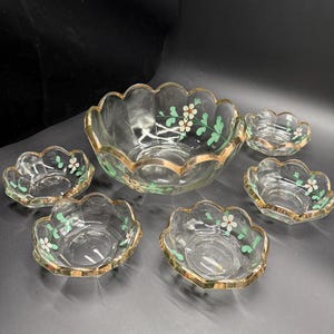 Antique late 1800s-early 1900s EAPG Glass Berry or Dessert Bowl serving Set. Hand-painted Enamel Flowers and Gold-Gilt Edges - 6 piece set