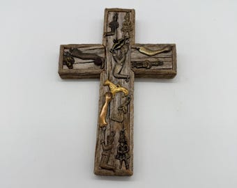 Meksykański Krzyż Milagro – Sztuka Ludowa | Ręcznie robiony Krzyż wotywny z drewna i metalu, Rustykalna Sztuka Religijna na Ścianie, Krzyż z Uzdrawiającą Amuletem, Duchowy Wystrój Meksyku
