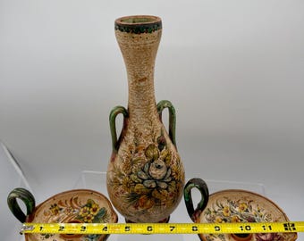 1930s Vintage Art Pottery Italian Earthenware Vase & Candleholders