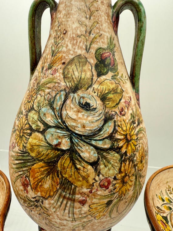 1930s Vintage Art Pottery Italian Earthenware Vase & Candleholders