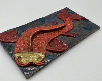 Koi Fish Tile Layered 3D Art Pottery Sandstone Ceramic Tile - Signed - Glazed Finish - Asian Japanese Style - No Disclosures