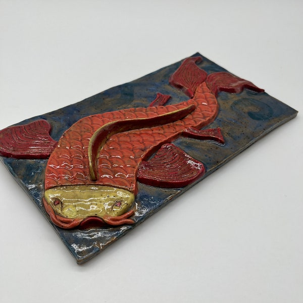 Koi Fish Tile Layered 3D Art Pottery Sandstone Ceramic Tile - Signed - Glazed Finish - Asian Japanese Style - No Disclosures