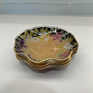 Circa 1991 - 3 Lefton Glass Ruffled Edge DishePlates - Reverse Applied Floral Design - Dessert, Sandwich, or Tea Plates -6" wide