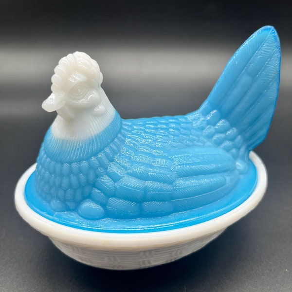 Vintage 4.5" H x 5" W Blue and White Milk Glass Split Tail Hen on a Nest. AS IS: Staining on inside of nest and flea bites on inside rim.