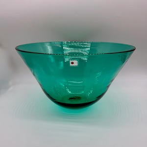 Large Vintage Blenko Glass Serving, Fruit, or Console Bowl 8712 Teal Approx 7&quot; H x 12.5&quot; W with Original Sticker