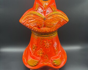 Słoik na ciasteczka Pacific Stoneware Vintage 1968, Purdy Puss, Kot z Cheshire, Pomarańczowy Pręgowany, Podpisany Scarpino, Słoik z ceramiki Redware - PRZECZYTAJ