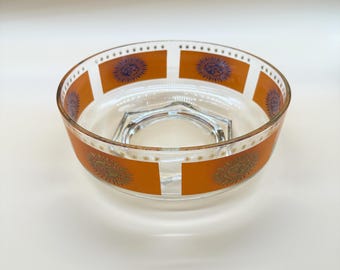 Miska do serwowania MCM Vintage Jeanette Glass Aztec Sun Starburst w kolorze Mid-Century Modern w kolorze pomarańczowym, złotym i fioletowym – około lat 60. XX wieku