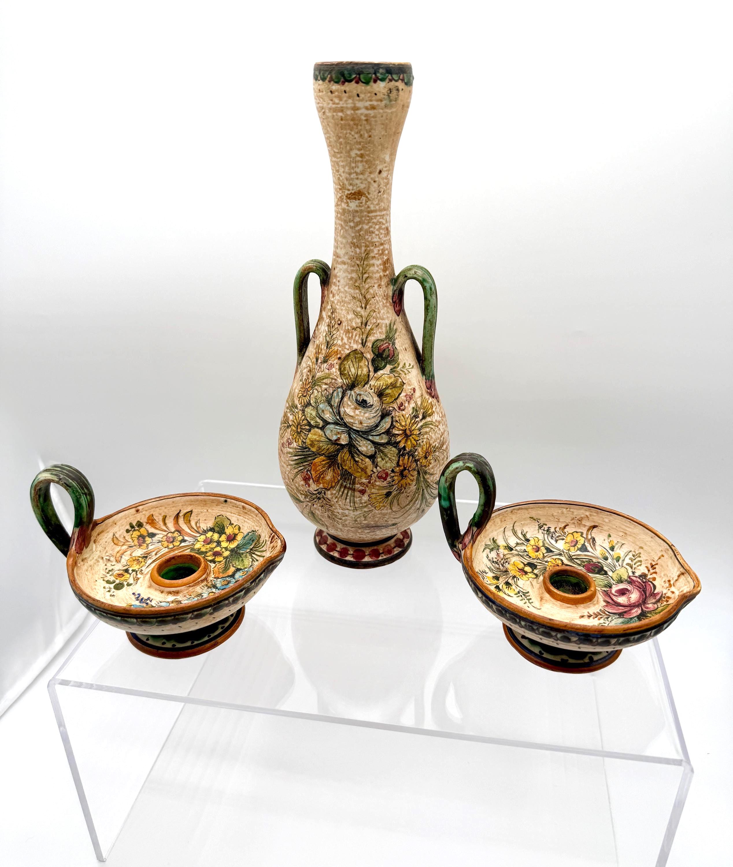 made in italy 花瓶 1930s Vintage Art Pottery Italian Earthenware Vase & Candleholders