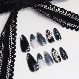 Black and white starry Nails | Press Ons | Kawaii Nails | Cute Press Ons | Stick On Nails