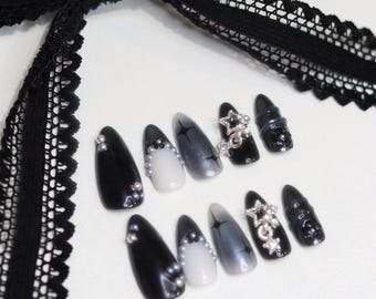 Black and white starry Nails | Press Ons | Kawaii Nails | Cute Press Ons | Stick On Nails