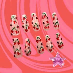 Ongles coeur cerise | Appuyez sur | Ongles Kawaii | Joli presse-boutons | Coller sur les ongles
