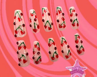 Cherry Heart Nails | Press Ons | Kawaii Nails | Cute Press Ons | Stick On Nails