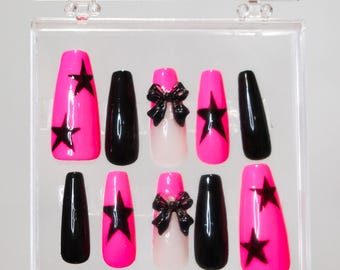 Uñas Y2K de color rosa intenso / Uñas postizas / Uñas kawaii / Uñas postizas bonitas / Uñas adhesivas