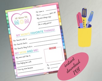Mothers Day Fill In, Mothers Day Gift, Mothers Day Printable, Mothers Day Questionnaire for Kids, Mothers Day Card, All About Mom Survey
