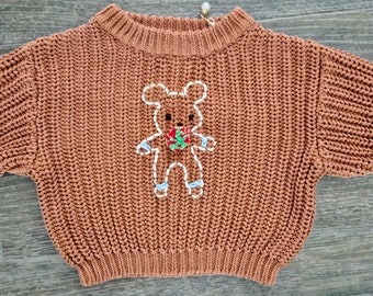 READY TO SHIP Hand Embroidered Holiday Sweater - Chunky Knit - Gingerbread Mouse - 6-12M