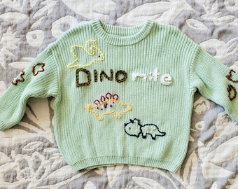 Dinosaur Sweater for Kids - Dinosaur Sweater for Babies - Hand Embroidered Dinosaur Sweater - DINO-mite Sweater