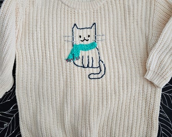 READY TO SHIP Hand Embroidered Cat Sweater - Kids Sweater - Chunky Knit Sweater - 10-12Y