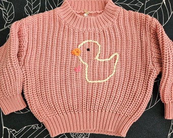 READY TO SHIP Hand Embroidered Duck Sweater- Chunky Knit - Baby Toddler Sweater - 12-18M