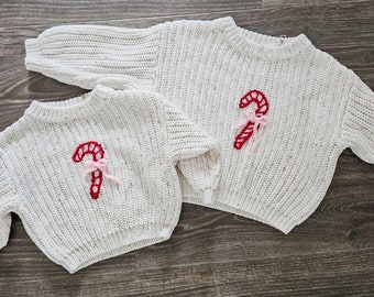 Hand Embroidered Holiday Sweaters - Candy Cane with a Bow- Christmas Sweater- Toddler Chunky Knit - READY TO SHIP - 12-24M, 3T