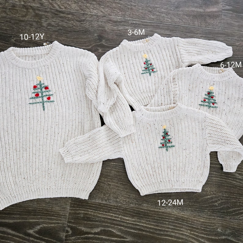 READY TO SHIP Hand Embroidered Holiday Sweaters Christmas Tree Chunky Knit 6M, 12M, 24M, 10-12Y image 2