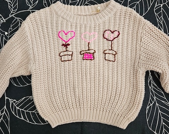 READY TO SHIP Hand Embroidered Potted Hearts Sweater - Chunky Knit - 12-18M