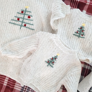 READY TO SHIP Hand Embroidered Holiday Sweaters Christmas Tree Chunky Knit 6M, 12M, 24M, 10-12Y image 1