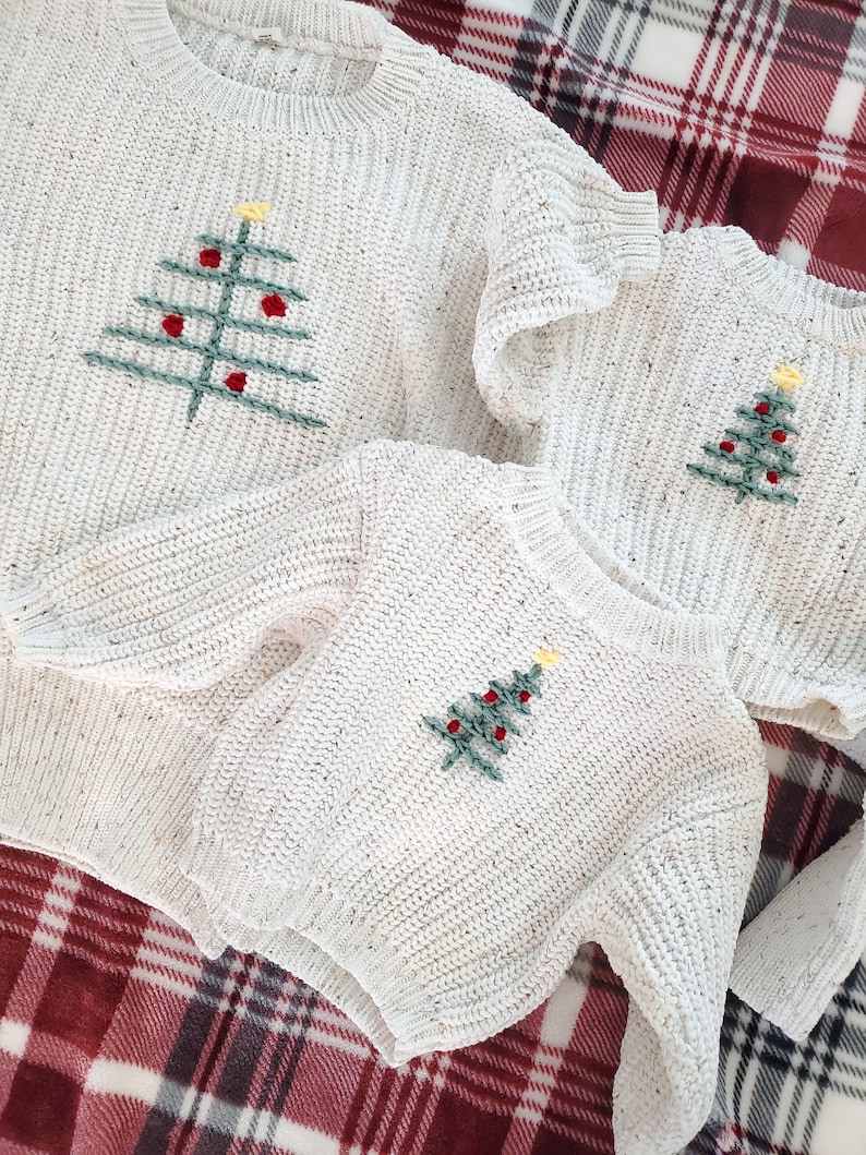 READY TO SHIP Hand Embroidered Holiday Sweaters Christmas Tree Chunky Knit 6M, 12M, 24M, 10-12Y image 1