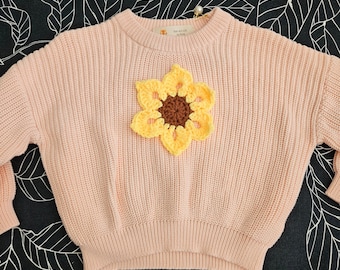 READY TO SHIP Sunflower Sweater - Crochet Sunflower Toddler Sweater - 1-2Y