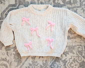 READY TO SHIP Crochet Bow Sweater - Pink Bows Toddler Sweater - Chunky Knit Sweater - 4-6Y