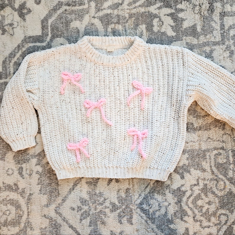 READY TO SHIP Crochet Bow Sweater Pink Bows Toddler Sweater Chunky Knit Sweater 4-6Y image 1