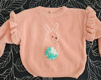 READY TO SHIP Hand Embroidered Bunny Sweater- Ruffle Sleeve - Pom Pom Tail Bunny - 3T