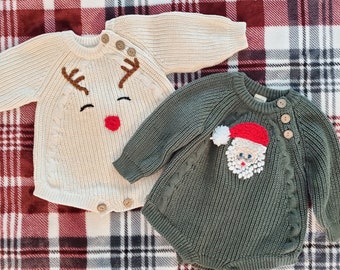 READY TO SHIP Custom Hand Embroidered Baby Romper - Christmas Outfit- 0-3M Reindeer and Santa