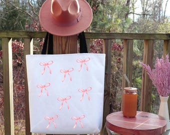 Pink Bow Tote Bag, Shoulder Bag, Tote Bag, Handle Handbag, Beach Market Shopping, Women's Gift, Cute Carryall Purse Accessory, Reusable Bag
