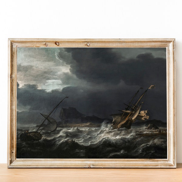 Vintage Sturm am Meer Ölgemälde, Vintage Schiff Kunstdruck, Stimmungsvolle Seelandschaft Malerei, antike Seelandschaft Druck, druckbare digitale antike Kunst