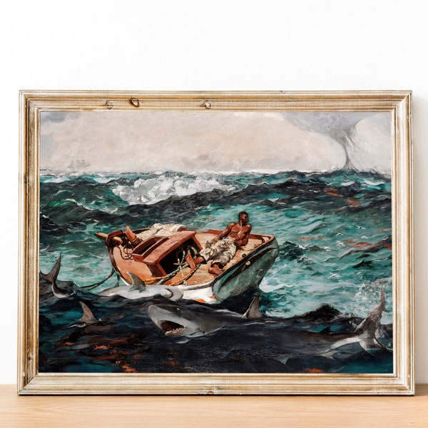 A Castaway On A Damaged Boat Surrounded By Sharks, Vintage Ship Painting,  Oil On Canvas Frame, Printable Digital Antique Art, Wall Decor