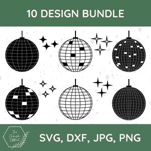May include: A set of 10 black and white disco ball SVG, DXF, JPG, and PNG digital files. The disco balls are shown with a starburst effect.