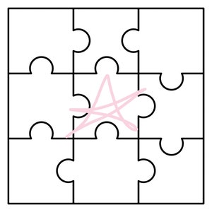 May include: A black and white puzzle with nine pieces. A pink star is drawn in the center of the puzzle.