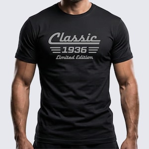 以下が含まれることがあります： 黒いTシャツ。前面中央に「Classic 1936 Limited Edition」の文字がライトグレーでプリントされています。1936の文字は大きめのフォントサイズで、ヴィンテージ感を演出しています。