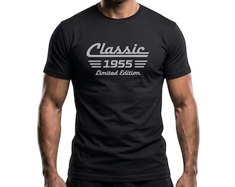 Maglietta per il 71° compleanno, nato nel 1955, edizione limitata con auto d'epoca, unisex, in cotone.