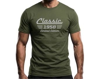 Maglietta per il 68° compleanno, nato nel 1958, edizione limitata con auto d'epoca, unisex, in cotone.