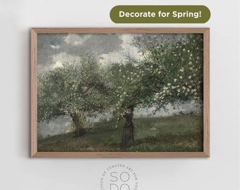 Spring Landscape Print, Orchard Farmhouse Painting, Countryside Painting, Spring Blooms Printable, Orchard Vintage Wall Art | SKU 568