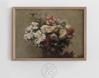 Muted Flower Painting, Vintage Roses Flower Art, Floral Pink Roses Digital Print, Flowers Bedroom Art | SKU 564