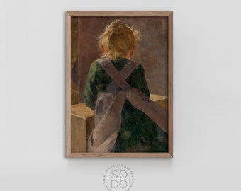 Antique Portrait of Child, Baby Nursery Vintage Print, Moody Painting of Girl in Apron, Muted Tonal Print | SKU 614
