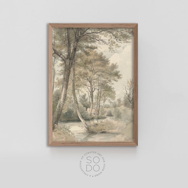 Watercolor Painting in Muted Colors | Vintage Wall Art Sketch Trees | Farmhouse Sketch Wall Art | Printable River Art Print | SKU 510