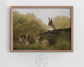Bunny Print, Nursery Art Bunny Rabbits Painting, Cottage Art Digital Print, Spring Bunnies Art, Vintage Easter Bunny Print | SKU 565