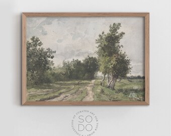 Country Landscape Painting, Watercolor Spring Gallery, Field Painting Wall Art, Moody Countryside, Muted Tonal Print, Meadow Art | SKU 556